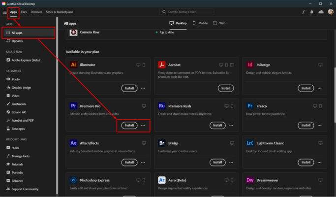 chọn và tải xuống Adobe Creative Cloud