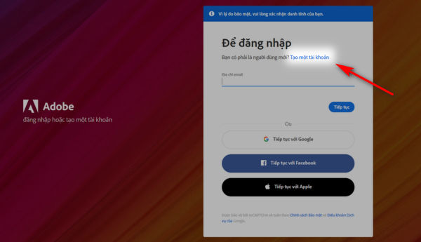 đăng nhập vào tài khoản Adobe Creative Cloud