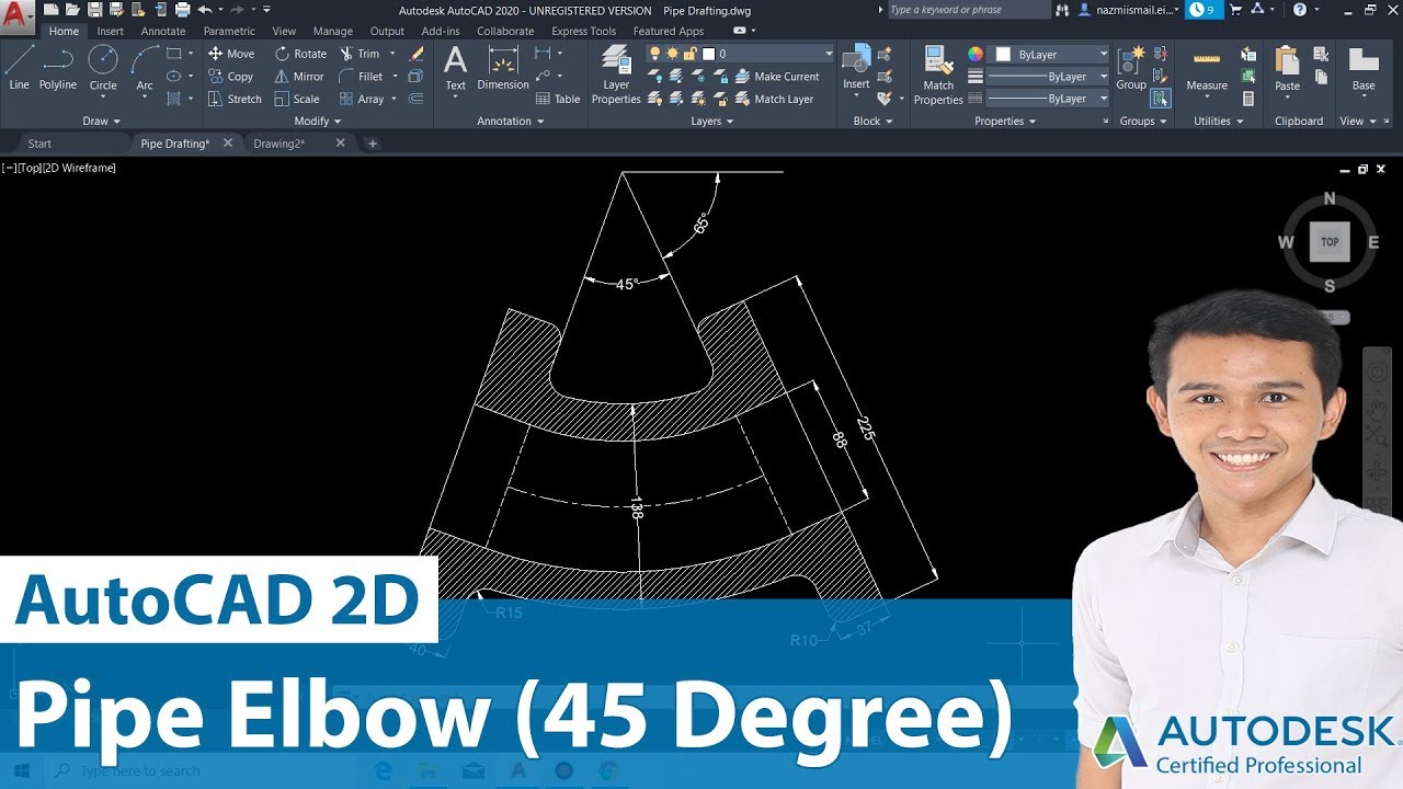 hướng dẫn vẽ autocad 45 degree elbow