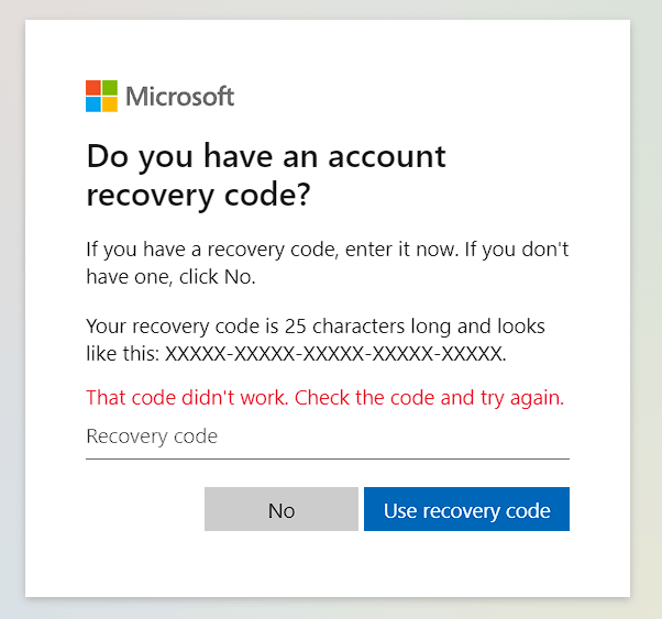 Account Recovery Code - Microsoft Community