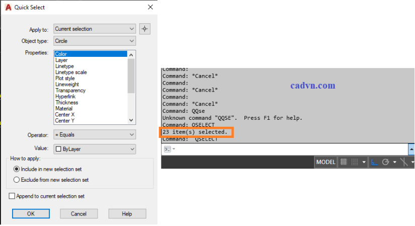 Lệnh Quick Select trong AutoCAD