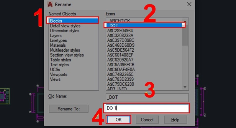 đổi tên block trong AutoCAD
