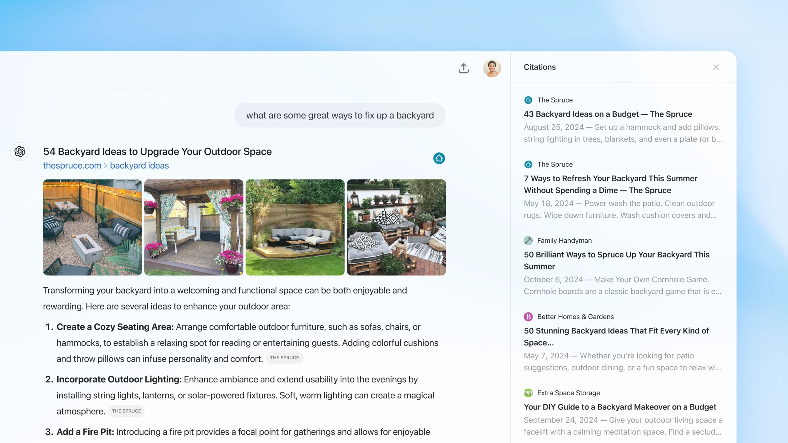 Screenshot of backyard improvement suggestions, including cozy seating, outdoor lighting, and fire pits, with images of stylish backyard setups. A sidebar lists citations from sources like The Spruce, Family Handyman, and Better Homes & Gardens.